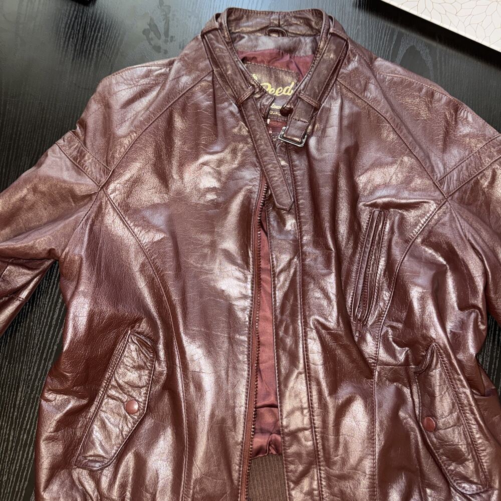 Reed Sportswear Men's Maroon Genuine Leather Jacket Buckle Strap Collar sz R42